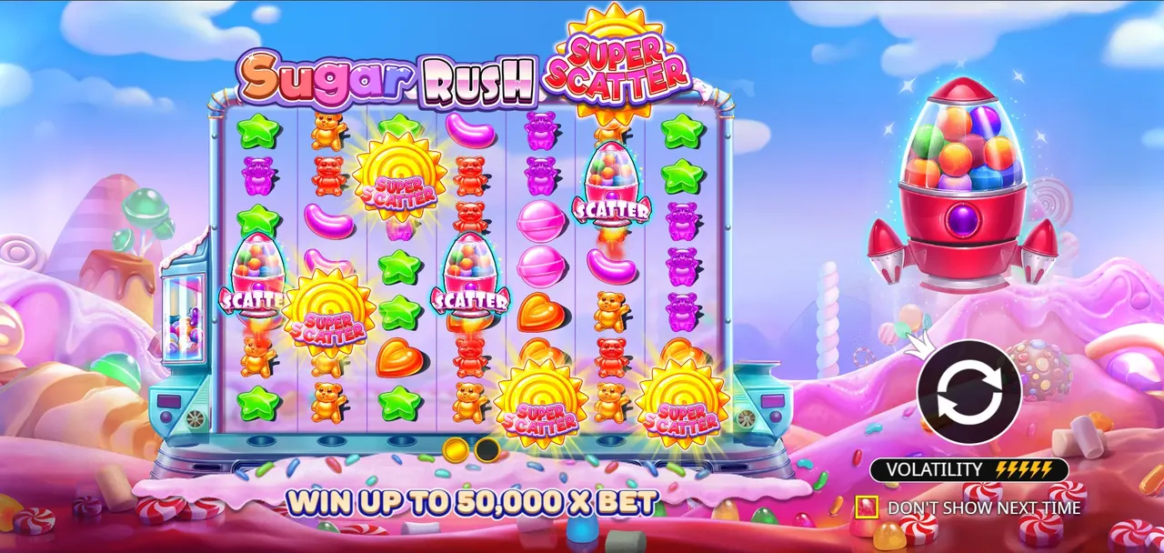 Sugar Rush Super Scatter 7 by 7 game grid and main interface