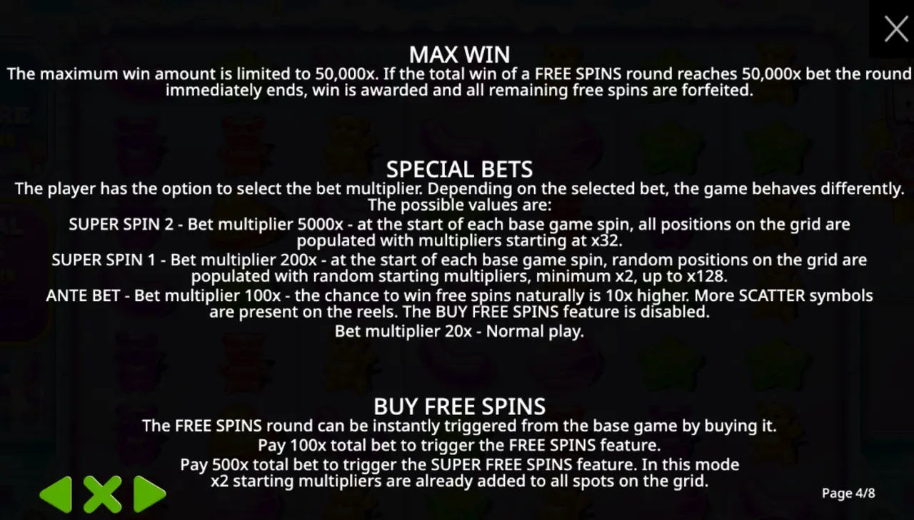 Official information screen for paid modes and maximum win