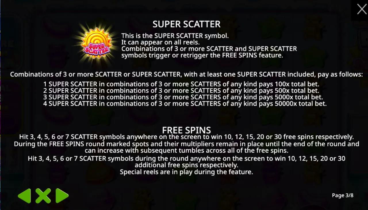 Official rules screen showing scatter payouts and free spin values